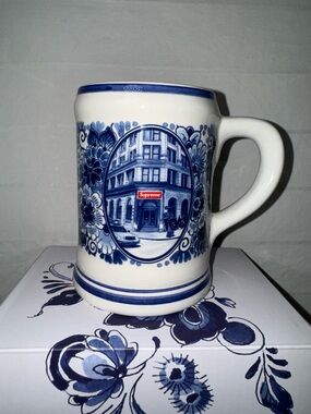 Supreme White Ceramic Mug with Blue Floral Cityscape ‘brewery’